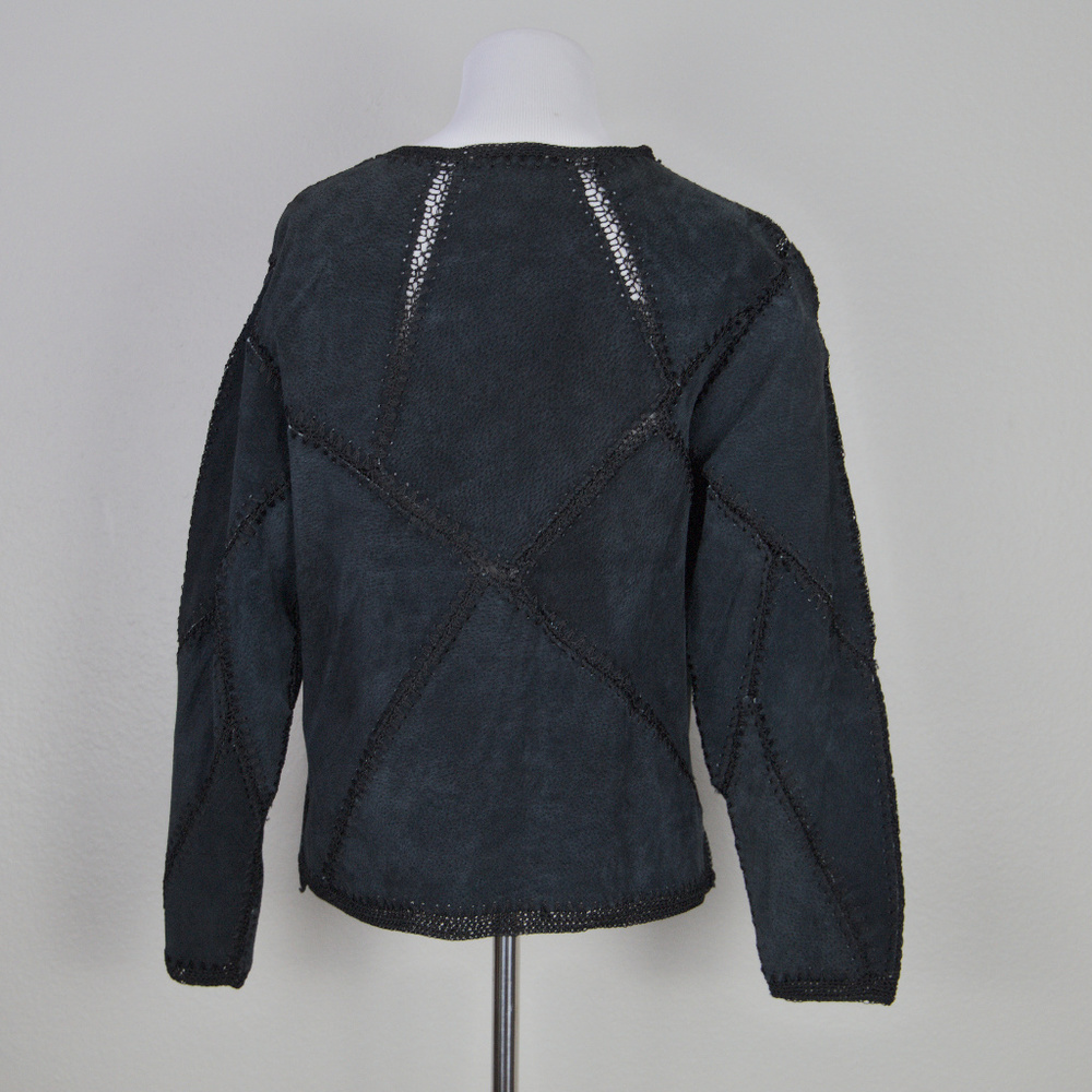 Leather Suede Patchwork Jacket Crochet Knit - image 5